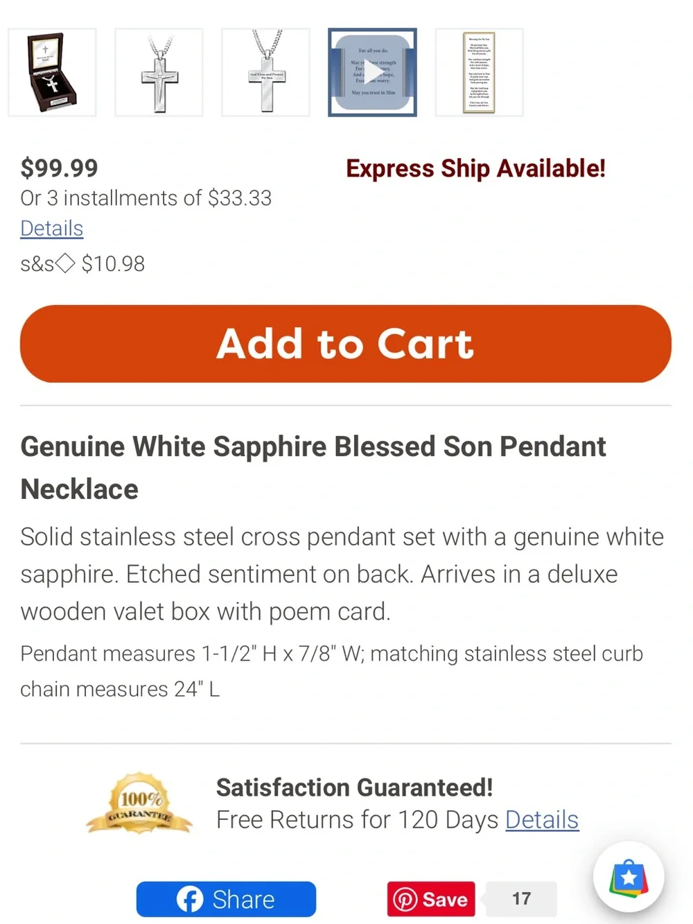 Bradford Exchange Stainless Steel Cross Necklace